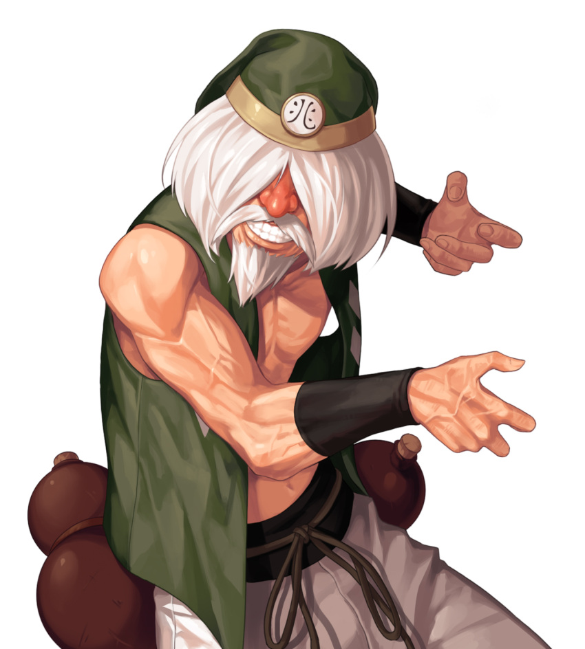 1boy bangs bare_pecs beard biceps chin_gentsai commentary_request evilgun facial_hair facing_viewer fighting_stance gourd green_headwear green_vest grin hair_over_eyes hat highres male_focus mustache navel old old_man pants pectorals short_hair simple_background smile solo standing teeth the_king_of_fighters the_king_of_fighters_'97 veins vest white_background white_hair white_pants