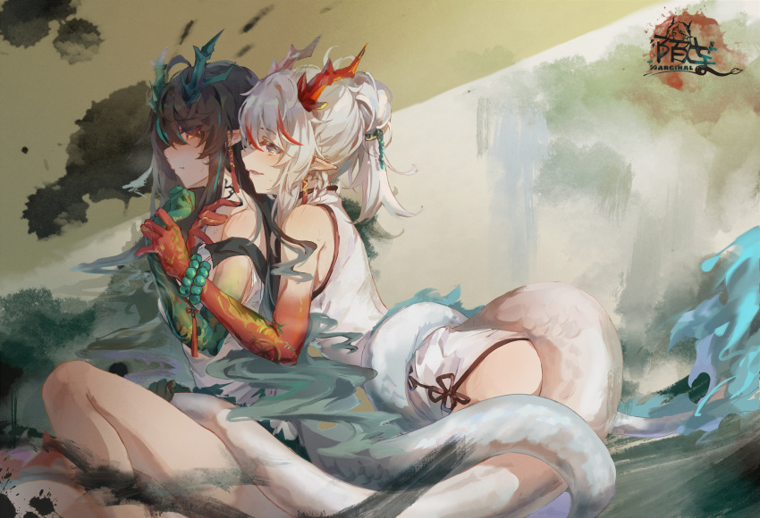 2girls aqua_hair arknights bare_legs bare_shoulders bead_bracelet beads black_hair blush bracelet braid brown_eyes china_dress chinese_clothes closed_mouth dragon_girl dragon_horns dragon_tail dress dusk_(arknights) earrings from_side gradient_hair gradient_skin highres horns hug hug_from_behind ink jewelry long_hair looking_to_the_side moyu_marginal multicolored_hair multiple_girls nian_(arknights) nian_(unfettered_freedom)_(arknights) parted_lips pointy_ears ponytail red_eyes siblings side_braid sidelocks signature silver_hair sisters sitting sleeveless sleeveless_dress smile tail tassel very_long_hair white_dress yuri