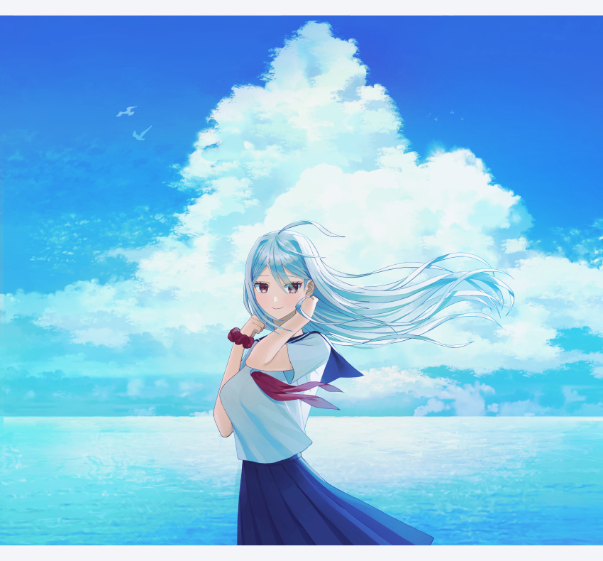 1girl absurdres ahoge bangs bird black_scrunchie blue_skirt blue_sky breasts closed_mouth clouds commentary_request cowboy_shot day floating_hair hair_between_eyes hands_up highres horizon letterboxed long_hair looking_at_viewer medium_breasts neckerchief ocean outdoors pleated_skirt ppakunak sailor_collar scrunchie shirt short_sleeves skirt sky solo sora_(super_dangan_ronpa_another_2) super_dangan_ronpa_another_2 white_shirt wrist_scrunchie