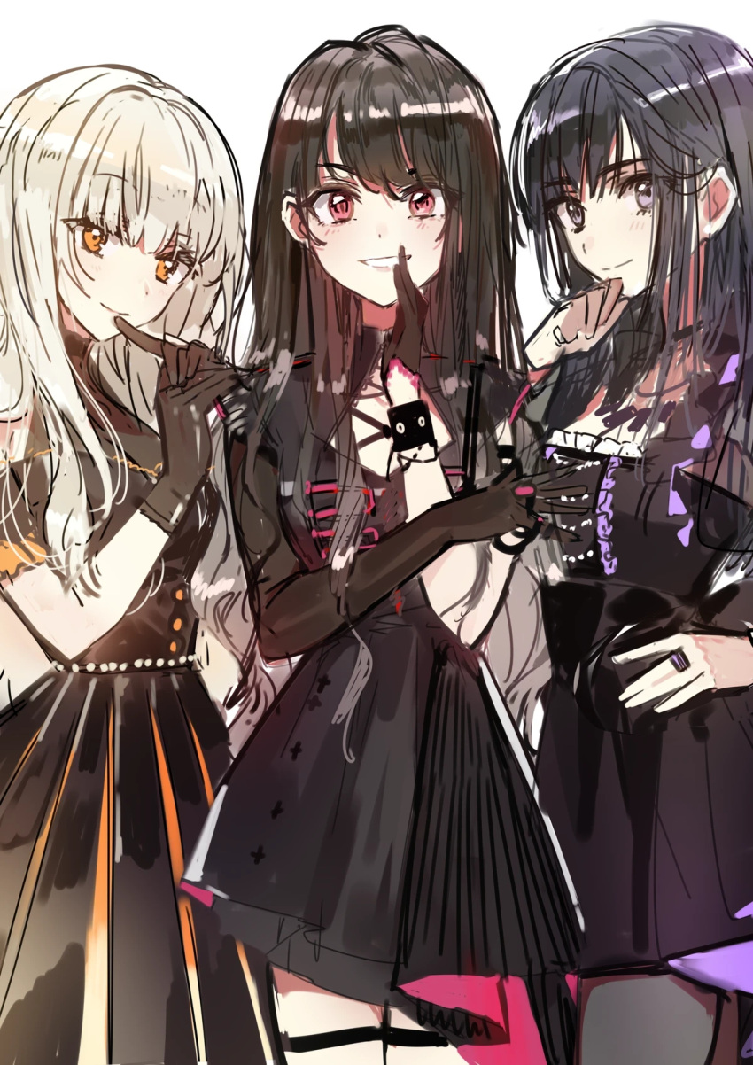 3girls asymmetrical_gloves bangs bare_legs black_dress black_gloves black_hair blonde_hair bracelet breasts brown_hair character_request copyright_request dress elbow_gloves eyebrows_visible_through_hair gloves hand_on_own_chin hand_up highres jewelry long_hair looking_at_viewer medium_breasts multiple_girls orange_eyes pantyhose pink_eyes pleated_dress ring short_sleeves small_breasts smile standing very_long_hair violet_eyes wattaro