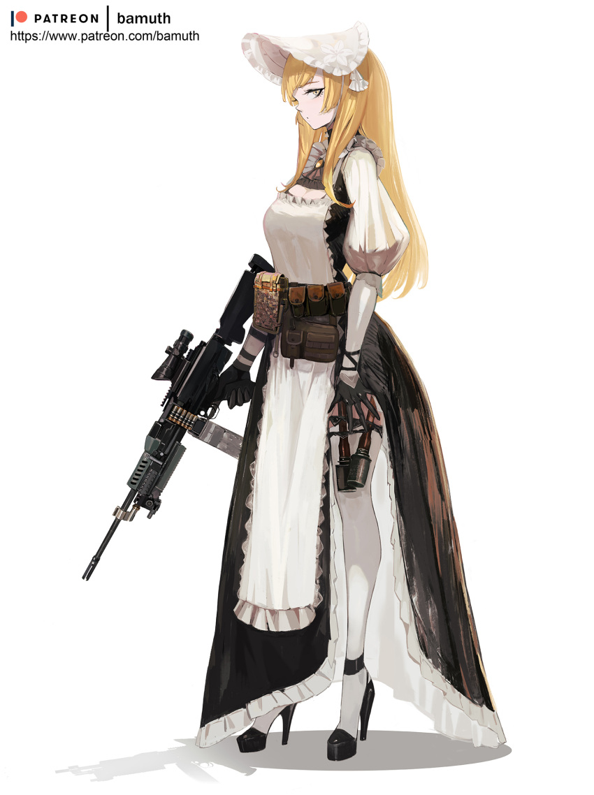 1girl assault_rifle bamuth belt black_footwear black_gloves blonde_hair bonnet breasts dress explosive full_body gloves grenade gun high_heels highres holding holding_gun holding_weapon long_hair looking_at_viewer original pouch rifle thigh-highs weapon white_legwear yellow_eyes