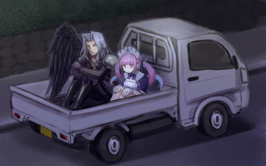 1boy 1girl closed_eyes final_fantasy final_fantasy_vii ground_vehicle highres hololive landolt_tamaki leg_hug maid_headdress minato_aqua motor_vehicle purple_hair road sephiroth silver_hair single_wing sitting truck twintails wings