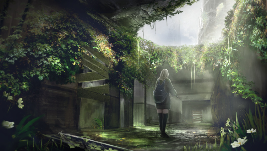 1girl backpack bag blonde_hair boarded_door coat flower from_behind grass hallway highres hole_in_ceiling indoors momokurianzu original overgrown plant ruins scenery solo sunlight thigh-highs