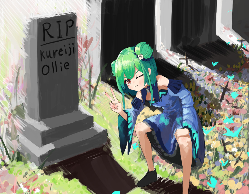 1girl absurdres blue_dress brown_eyes cleavage_cutout clothing_cutout detached_sleeves double_bun dress flat_chest flower green_hair hair_behind_ear hand_on_own_thigh highres hololive hololive_indonesia jaaku_taro kureiji_ollie looking_at_viewer one_eye_closed solo squatting tombstone uruha_rushia v virtual_youtuber