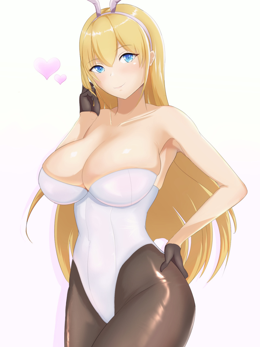 1girl animal_ears azur_lane bare_shoulders black_gloves blonde_hair blue_eyes blueberry_okoku breasts bunny_tail fake_animal_ears fake_tail gloves half_gloves highleg highleg_leotard highres large_breasts leotard long_hair looking_at_viewer north_carolina_(azur_lane) pantyhose playboy_bunny rabbit_ears shiny shiny_clothes simple_background solo strapless strapless_leotard tail white_background white_leotard