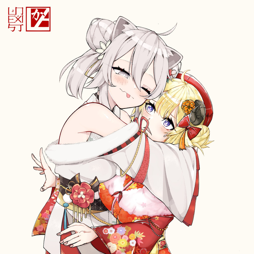 2girls animal_ear_fluff animal_ears bow bright_pupils collaboration double_bun english_commentary fang fang_out grey_eyes hair_bow highres hololive horns hug japanese_clothes kimono lakart lion_ears lion_girl multiple_girls one_eye_closed open_hand open_mouth red_bow red_headwear scared sheep_girl sheep_horns shishiro_botan skin_fang tsunomaki_watame two_side_up unexistarts violet_eyes virtual_youtuber white_pupils wide_sleeves yukata