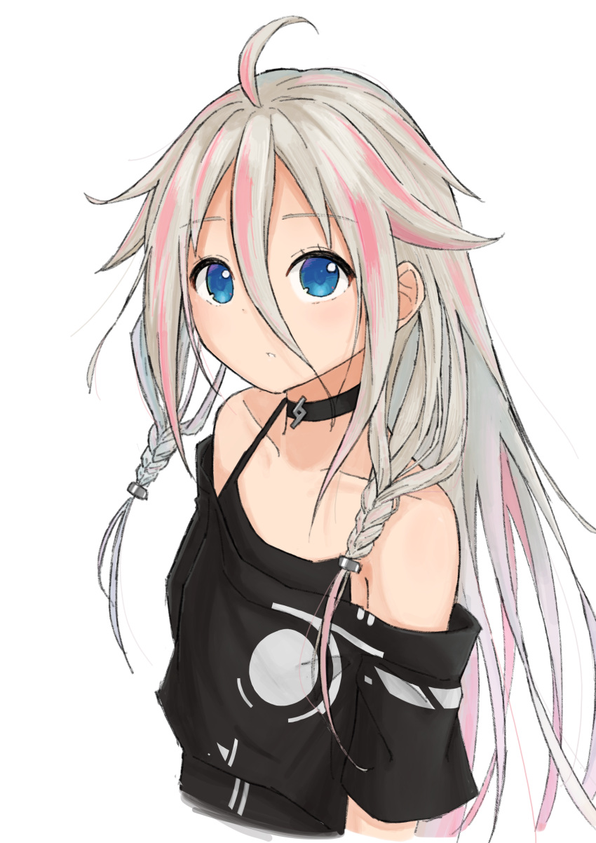 1girl absurdres ahoge bare_shoulders black_shirt blue_eyes braid cevio choker collarbone commentary cropped_torso english_commentary expressionless hair_tie highres ia_(vocaloid) long_hair m1natsuk1 off-shoulder_shirt off_shoulder parted_lips platinum_blonde_hair shirt solo spaghetti_strap twin_braids upper_body very_long_hair vocaloid white_background