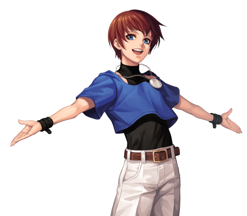 1boy :d bangs belt black_shirt blue_eyes blue_shirt brown_belt brown_hair chris_(kof) commentary_request cowboy_shot crop_top evilgun happy highres jewelry looking_at_viewer male_focus necklace open_mouth outstretched_arms pants shiny shiny_hair shirt shirt_tucked_in short_hair short_sleeves simple_background sleeveless sleeveless_shirt smile solo standing the_king_of_fighters the_king_of_fighters_'97 turtleneck upper_teeth white_background white_pants