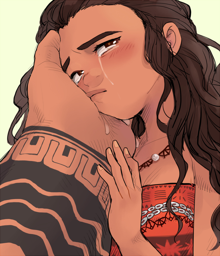 1boy 1girl arm_tattoo brown_eyes brown_hair crying crying_with_eyes_open dark_skin dark-skinned_female dark_skinned_male fingernails hand_on_another's_cheek hand_on_another's_face hetero highres jewelry looking_at_viewer maui_(moana) moana_(movie) moana_waialiki necklace pano_(mohayayamai) pov pov_hands size_difference strapless streaming_tears tattoo tears tribal_tattoo tubetop