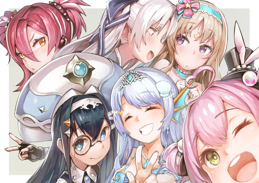 6+girls absurdres ahoge artia bangs black_hair black_nails blonde_hair blue_eyes blue_hairband breasts civia closed_eyes crescent doris_(hololive) eyebrows_visible_through_hair fingerless_gloves fins gloves green_eyes hair_behind_ear hairband heart_hair highres hololive hololive_china horns kousaku looking_back medium_breasts monocle multiple_girls one_eye_closed open_mouth pink_eyes pink_hair red_eyes redhead rosalyn_(hololive) silver_hair single_horn spade_echo tiara twintails unicorn_girl v virtual_youtuber yogiri_(hololive)