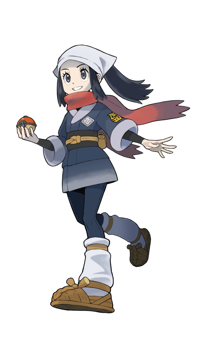 1girl absurdres artist_request black_hair blue_kimono blue_legwear blush brown_footwear eyelashes female_protagonist_(pokemon_legends:_arceus) flat_chest full_body grey_eyes hand_up happy head_scarf highres holding holding_poke_ball huge_filesize japanese_clothes kimono leg_up leggings light_blush long_hair looking_at_viewer obi official_art outline outstretched_arm poke_ball pokemon pokemon_(game) pokemon_legends:_arceus ponytail pouch red_scarf sandals sash scarf sidelocks skin_tight smile socks solo standing standing_on_one_leg teeth third-party_source tied_hair transparent_background undershirt walking white_headwear white_legwear white_outline