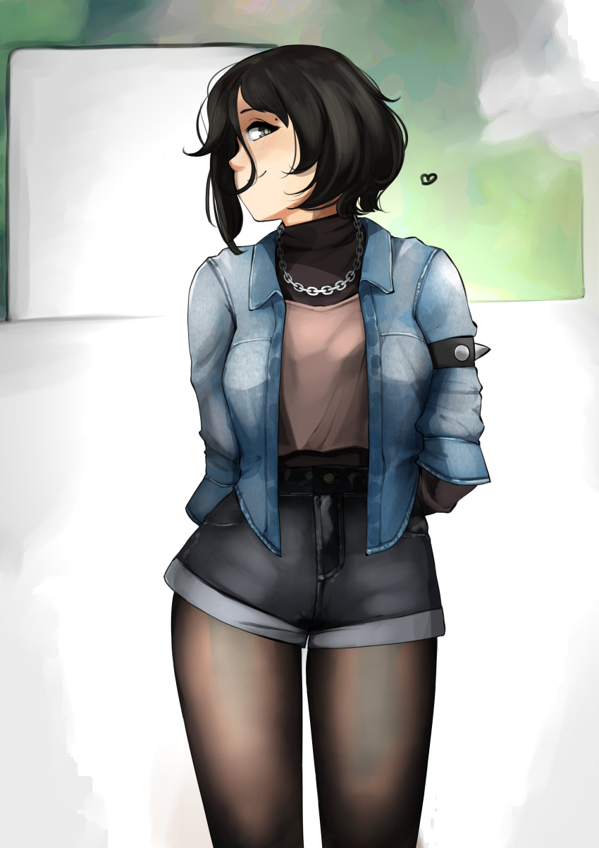 1girl absurdres arms_behind_back asymmetrical_hair black_eyes black_hair breasts chain contrapposto denim denim_jacket heart highres jewelry legwear_under_shorts looking_at_viewer medium_breasts necklace original pantyhose rain_prophet shorts smile solo