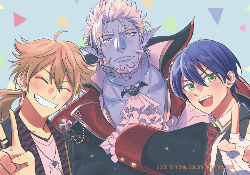 3boys :d ^_^ ascot beard black_jacket blazer blue_background blue_hair blush brown_hair closed_eyes closed_mouth collarbone collared_shirt colored_skin commentary_request crossed_arms earrings facial_hair facing_viewer fang fang_out fushimi_gaku gilzaren_iii green_eyes grin highres jacket jewelry kenmochi_touya long_hair long_sleeves looking_at_viewer low_ponytail male_focus mole mole_under_eye multiple_boys necktie nijisanji open_blazer open_clothes open_jacket open_mouth pointy_ears ponytail purple_skin red_eyes red_neckwear shirt smile upper_body upper_teeth v v-shaped_eyebrows virtual_youtuber white_hair white_neckwear white_shirt yakisoba_ohmori
