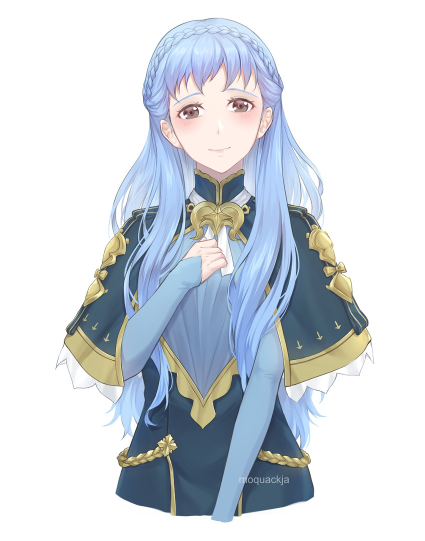 1girl alternate_hair_length alternate_hairstyle artist_name blue_capelet blue_hair blush braid brown_eyes capelet closed_mouth cropped_torso crown_braid fire_emblem fire_emblem:_three_houses highres long_hair long_sleeves looking_at_viewer marianne_von_edmund moja_(moquackja) simple_background sleeves_past_wrists smile solo standing very_long_hair watermark white_background