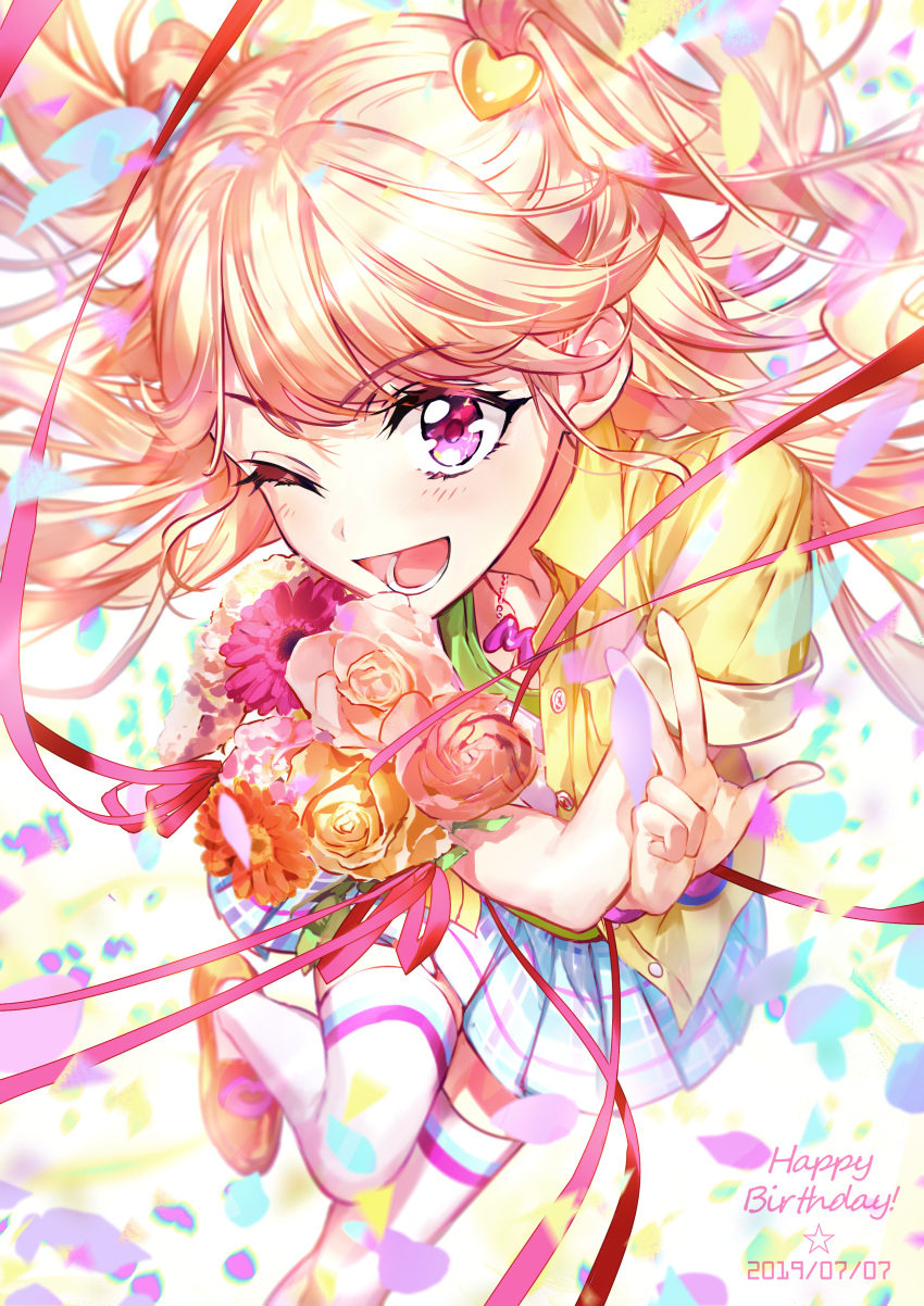1girl ;d absurdres aikatsu! aikatsu!_(series) bangs blonde_hair blue_skirt blush bouquet daisy dated eyebrows_visible_through_hair flower foreshortening green_shirt gyaru happy_birthday highres holding holding_bouquet jewelry loafers long_hair looking_at_viewer natsuki_mikuru necklace one_eye_closed open_mouth petals pink_eyes pink_flower pink_rose plaid plaid_skirt pleated_skirt rose shirt shoes short_sleeves skirt smile solo thigh-highs two_side_up w wattaro white_legwear yellow_flower yellow_rose yellow_shirt