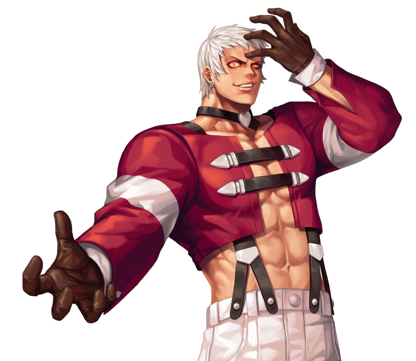 1boy abs arm_up bangs black_choker brown_gloves choker collarbone commentary_request cowboy_shot cropped_jacket earrings evilgun gloves heart heart_choker highres jacket jewelry long_sleeves looking_at_viewer male_focus muscular muscular_male nanakase_yashiro navel open_mouth orochi_yashiro pants pectorals red_jacket short_hair simple_background smile smirk solo standing suspenders the_king_of_fighters the_king_of_fighters_'97 upper_teeth white_background white_hair white_pants