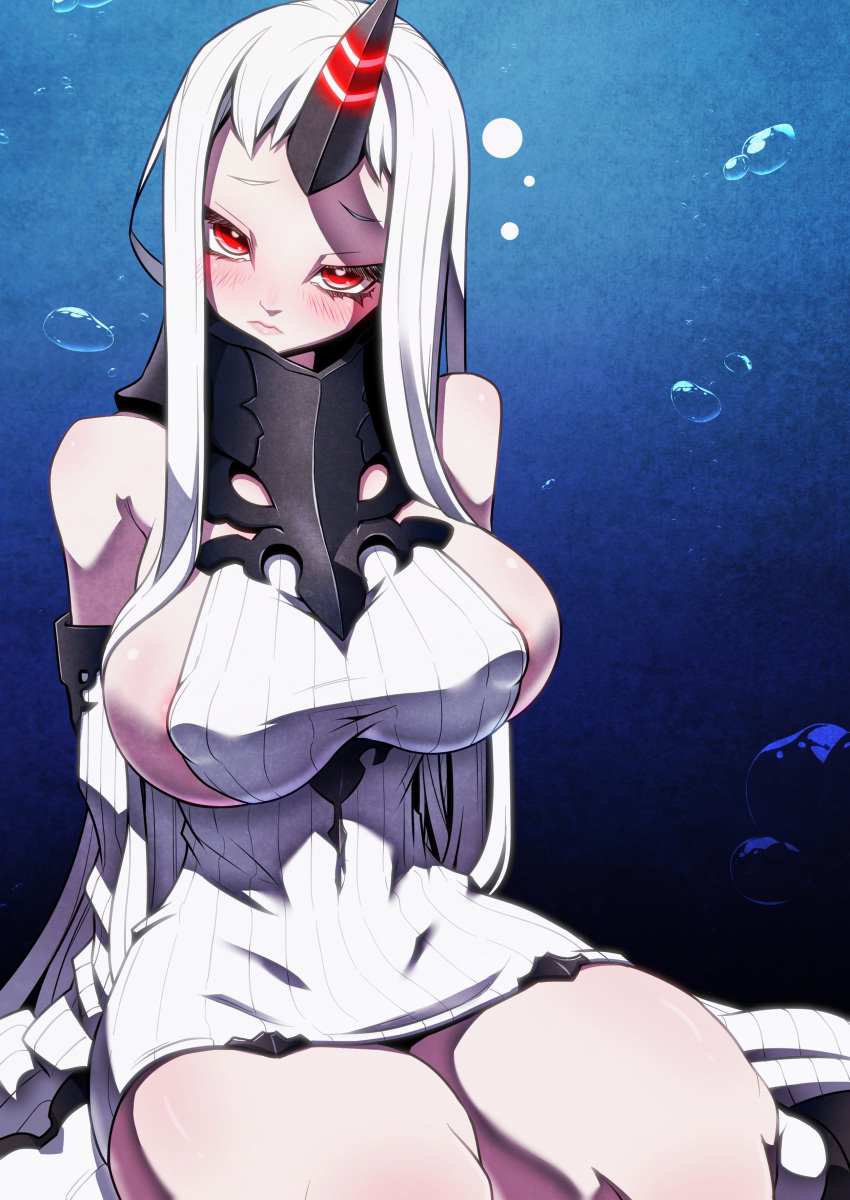 1girl absurdres abyssal_ship air_bubble blush breasts bubble colored_skin commentary_request detached_sleeves dress glowing_horns highres horns jin_(mugenjin) kantai_collection large_breasts pale_skin red_eyes ribbed_dress seaport_princess short_dress sideboob single_horn solo sweater sweater_dress underwater white_hair white_skin