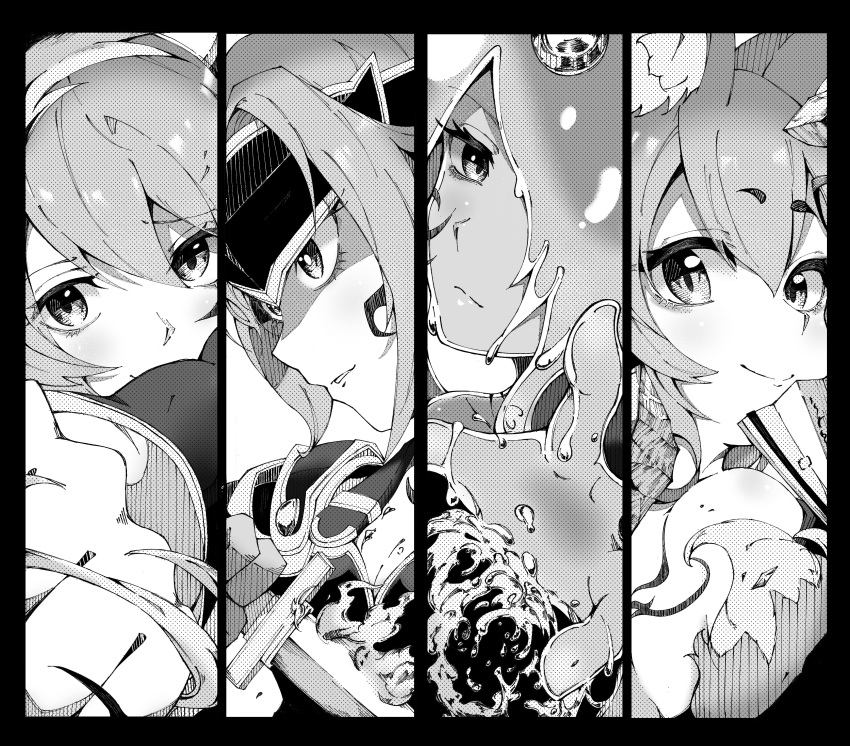 4girls absurdres alma_elma animal_ears armor closed_mouth commentary_request elvetie expressionless fan fox_ears fox_girl granberia greyscale hair_between_eyes hair_over_one_eye highres holding holding_fan holding_sword holding_weapon kawahara0527 liquid_hair looking_at_viewer mon-musu_quest! monochrome monster_girl multiple_girls sidelocks slime_girl smile smirk sword tamamo_(mon-musu_quest!) weapon