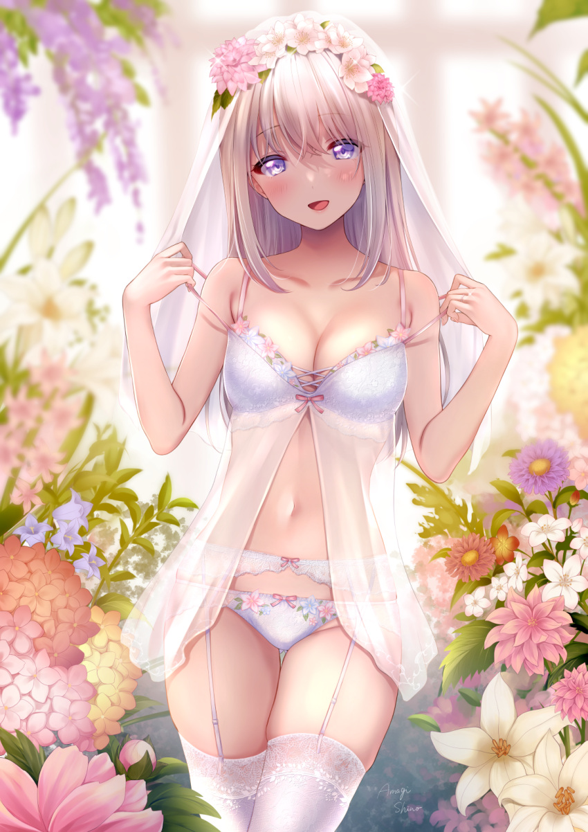 1girl :d amagi_shino artist_name ass_visible_through_thighs babydoll bangs blurry blush bow bow_panties breasts collarbone cowboy_shot depth_of_field eyebrows_visible_through_hair flower garter_belt hands_up head_wreath highres lace-trimmed_legwear lace_trim lingerie long_hair looking_at_viewer moe2021 navel open_mouth original panties pulled_by_self see-through signature smile solo standing strap_pull thigh-highs thigh_gap underwear underwear_only veil violet_eyes white_babydoll white_hair white_legwear white_panties