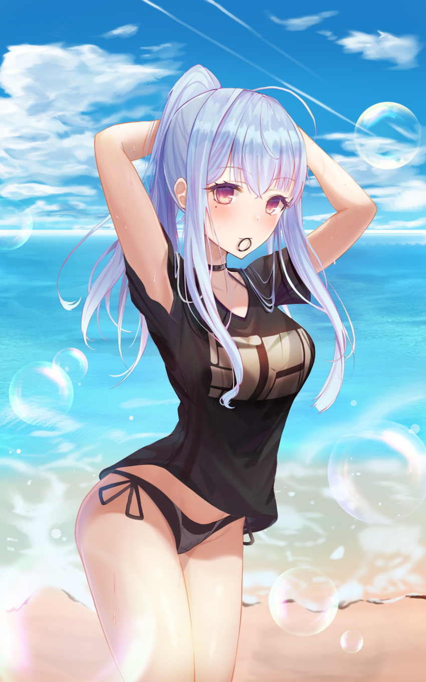 1girl absurdres ahoge arched_back armpit_peek arms_behind_head arms_up beach bikini black_bikini black_choker black_shirt blue_hair breasts bubble choker cowboy_shot day groin hair_tie_in_mouth halterneck highres long_hair looking_at_viewer medium_breasts mole mole_under_eye mouth_hold no_pants original outdoors ponytail red_eyes runa_(user_guwn7382) shirt short_sleeves side-tie_bikini solo standing swimsuit thighs water wet