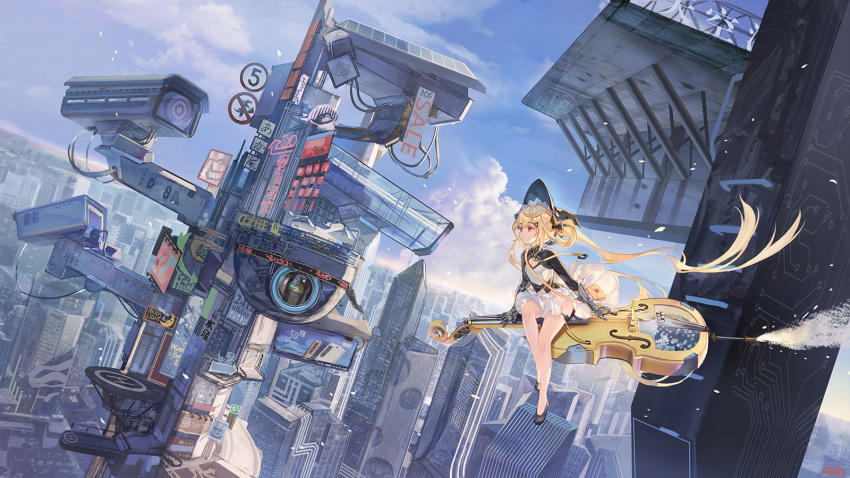 1girl atdan bangs black_footwear blonde_hair blue_sky cello cityscape clouds dress flying gauntlets hair_ornament hat highres instrument long_hair red_eyes scenery sitting sky solo synthesizer_v twintails very_long_hair witch_hat