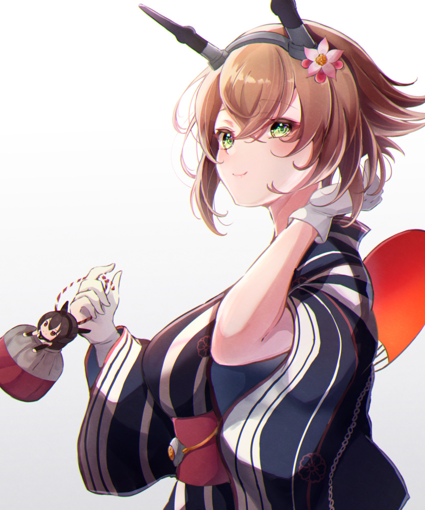 1girl absurdres black_hair blue_kimono blush breasts brown_hair character_doll closed_mouth flower gloves green_eyes hair_flower hair_ornament headgear highres huge_filesize japanese_clothes kantai_collection kimono large_breasts long_hair mutsu_(kancolle) nagato_(kancolle) obi red_eyes sa-ya2 sash short_hair simple_background smile solo striped striped_kimono white_background white_gloves wide_sleeves yukata