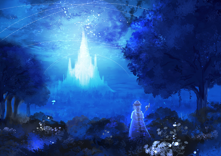 blue_theme braid castle dress facing_away flower headband isu_(artist) long_hair outdoors pixiv_fantasia_mountain_of_heaven scenery staff standing tree very_long_hair white_dress