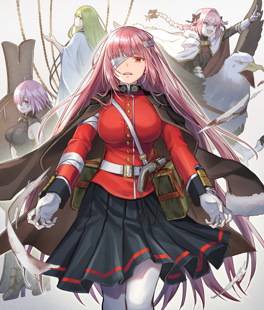2boys 2girls astolfo_(fate) black_bow black_ribbon boots bow braid breasts buckle cape enkidu_(fate) eyebrows_visible_through_hair fate/apocrypha fate/grand_order fate_(series) florence_nightingale_(fate) fur-trimmed_cape fur_trim gloves hair_between_eyes hair_bow hair_intakes hair_ribbon highres hippogriff large_breasts long_hair long_sleeves looking_at_viewer mash_kyrielight multicolored_hair multiple_boys multiple_girls otoko_no_ko pink_hair pleated_skirt ribbon riding shirt sidelocks single_braid skirt solo streaked_hair tamu_(tamurarucaffe1226) thigh-highs violet_eyes white_gloves white_hair white_legwear