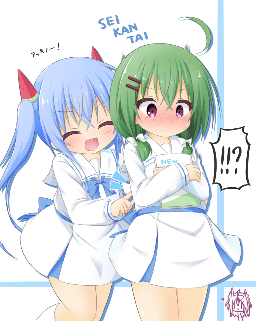 !!? 2girls :d ^_^ ahoge bangs blonde_dog_girl_(ri-net) blue_bow blue_hair blush bow closed_eyes closed_mouth commentary_request dress eyebrows_visible_through_hair fang food food_themed_hair_ornament green_hair hair_between_eyes hair_bow hair_ornament hair_over_shoulder hairclip highres long_hair low_twintails multiple_girls nose_blush notice_lines object_hug open_mouth original pleated_dress poking popsicle ri-net romaji_text sailor_collar sailor_dress school_uniform siblings sisters smile socks translation_request twins twintails very_long_hair violet_eyes watermelon_bar watermelon_hair_ornament white_background white_bow white_dress white_legwear white_sailor_collar