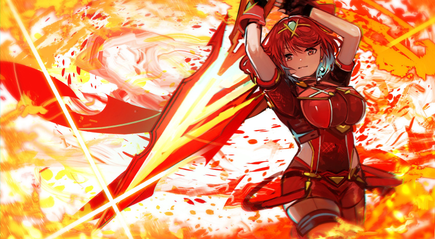 1girl absurdres bangs black_gloves breasts chest_jewel earrings fingerless_gloves fire gloves highres jewelry large_breasts leggings pyra_(xenoblade) red_eyes red_legwear red_shorts redhead short_hair short_shorts shorts super_smash_bros. swept_bangs sword tarbo_(exxxpiation) thigh-highs tiara weapon xenoblade_chronicles_(series) xenoblade_chronicles_2