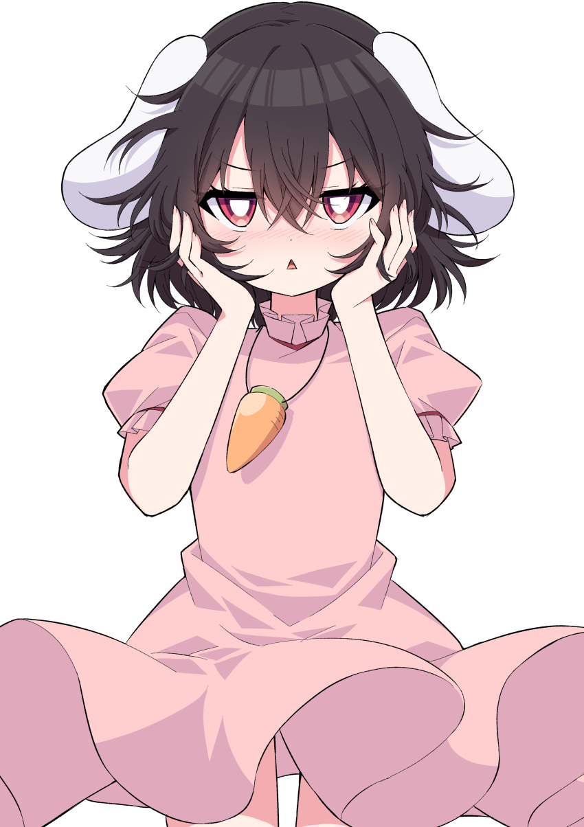 1girl absurdres animal_ears bangs black_hair bright_pupils carrot_necklace cowboy_shot dress eyebrows_visible_through_hair floppy_ears hair_between_eyes half-closed_eyes hands_on_own_cheeks hands_on_own_face highres inaba_tewi looking_at_viewer open_mouth pink_dress puffy_short_sleeves puffy_sleeves rabbit_ears red_eyes short_hair short_sleeves simple_background solo standing touhou triangle_mouth tsukimirin v-shaped_eyebrows white_background