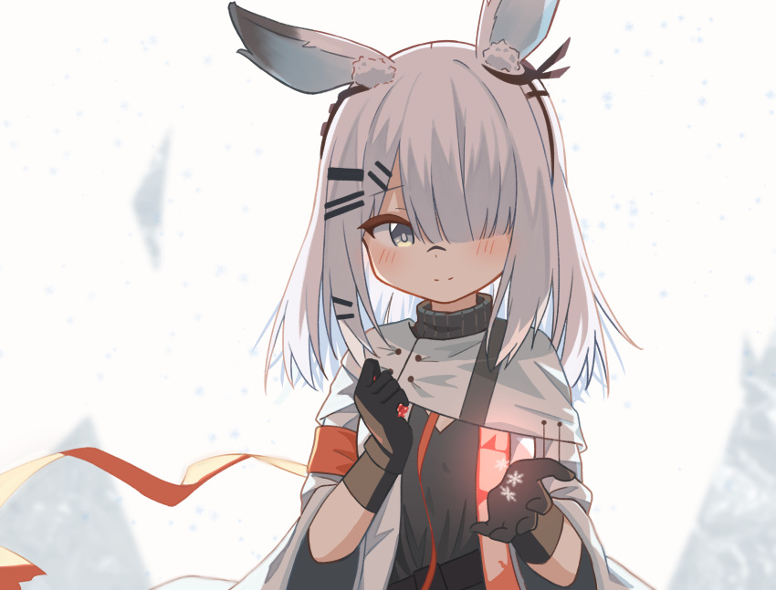 absurdres animal_ear_fluff animal_ears arknights bangs black_gloves black_shirt blush capelet closed_mouth commentary_request eyebrows_visible_through_hair frostnova_(arknights) gloves grey_eyes grey_hair hair_ornament hair_over_one_eye hairclip hand_up highres jacket long_hair long_sleeves looking_at_viewer ryoku_sui shirt smile white_background white_capelet white_jacket wide_sleeves