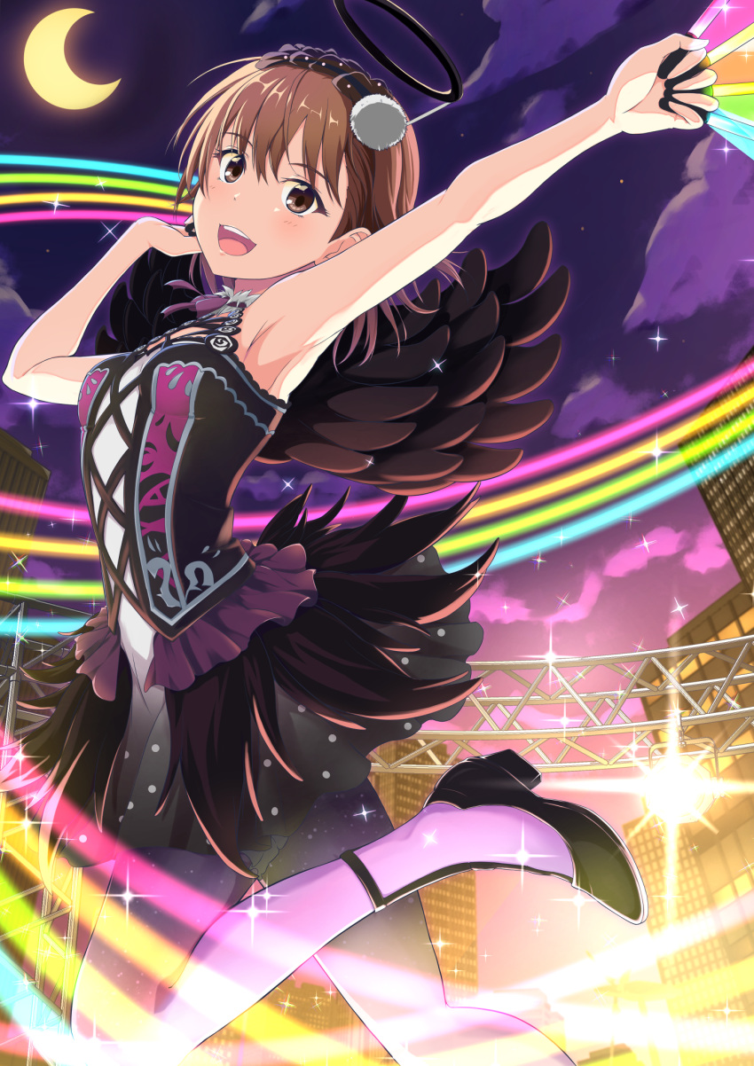 1girl :d armpits bangs black_footwear black_hairband black_skirt black_wings brown_eyes brown_hair crescent_moon feathered_wings hair_between_eyes hairband highres holding k3rd looking_at_viewer miniskirt misaka_mikoto moon night open_mouth outstretched_arm pantyhose purple_legwear purple_sky shiny shiny_hair short_hair skirt smile solo sparkle standing standing_on_one_leg toaru_majutsu_no_index wings