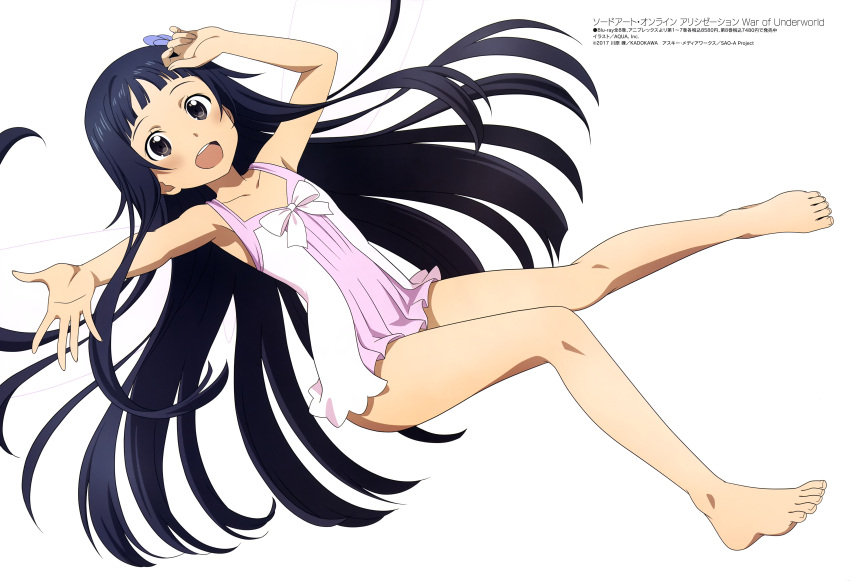 1girl absurdres armpits artist_request bare_arms bare_legs barefoot black_hair butterfly_wings dress fairy fairy_wings feet highres ice ice_wings long_hair looking_at_viewer megami_magazine minigirl official_art open_mouth pink_dress pink_skirt pointy_ears skirt sword_art_online wings yui_(sao)