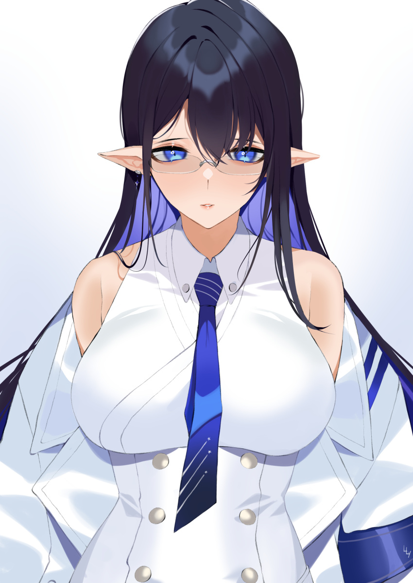 1girl absurdres bangs bare_shoulders black_hair blue_archive blue_eyes blue_neckwear blush breasts coat collared_shirt earrings glasses gradient gradient_background hair_between_eyes highres jewelry large_breasts lilycious lips long_hair long_sleeves looking_at_viewer necktie off_shoulder parted_lips pointy_ears rin_(blue_archive) shirt simple_background sleeveless sleeveless_shirt solo upper_body white_background white_coat white_shirt