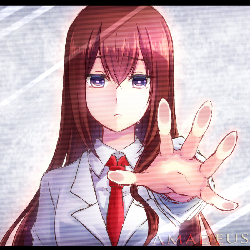 1girl bangs blue_eyes brown_hair character_name collared_shirt crying crying_with_eyes_open eyebrows_visible_through_hair hair_between_eyes highres labcoat long_hair looking_at_viewer makise_kurisu necktie nishijou_myu reaching_out red_neckwear shiny shiny_hair shirt solo steins;gate straight_hair tears very_long_hair white_shirt wing_collar