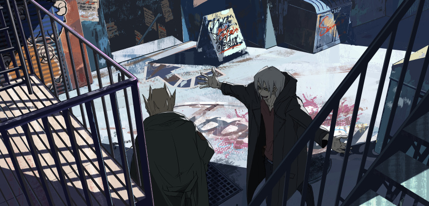 2boys arrow_(symbol) balcony bangs black_coat black_pants blonde_hair coat commentary_request cowboy_shot dumpster from_above graffiti grate green_coat highres jack_atlas kiryuu_kyousuke looking_at_another male_focus manhole medium_hair morikura_(tytoalbaski) multiple_boys open_mouth outstretched_arms pants railing red_shirt scapegoat shirt short_hair sign spiky_hair spread_arms stairs standing white_hair yellow_eyes yu-gi-oh! yu-gi-oh!_5d's