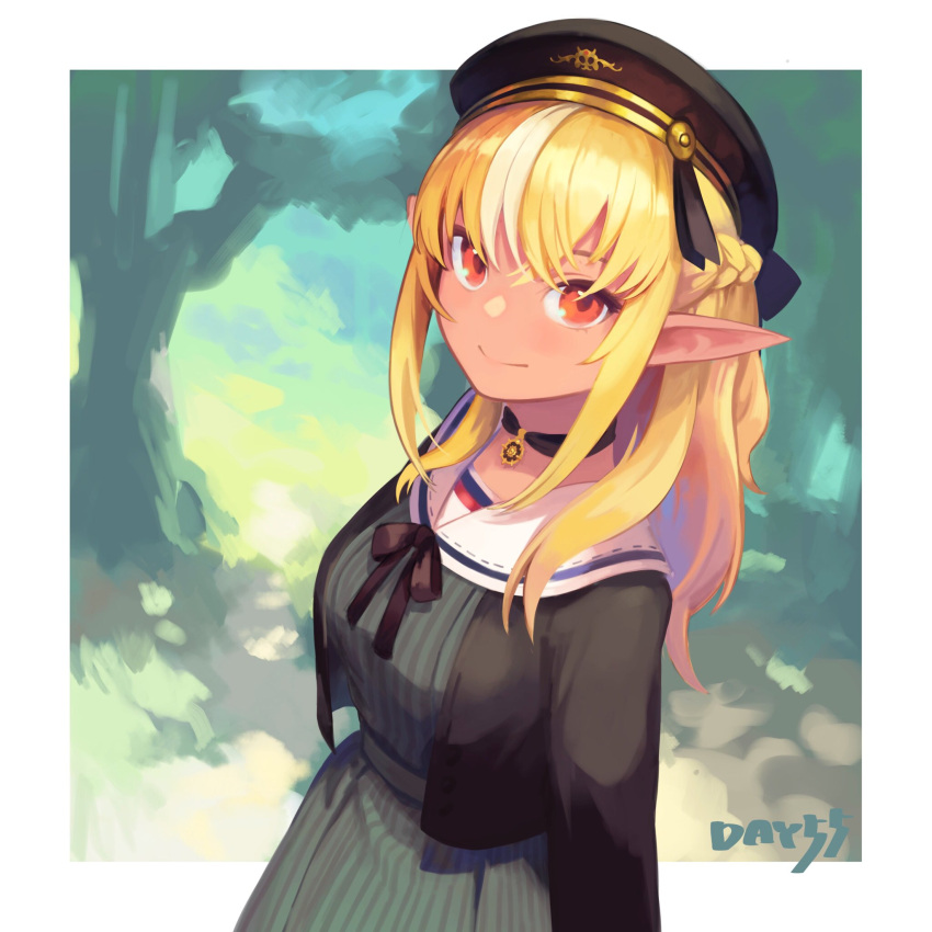 1girl artist_name bangs beret black_choker black_jacket black_ribbon blonde_hair blush border braid breasts choker closed_mouth collared_dress commentary_request cropped_jacket dark_skin dark-skinned_female day disconnected_mouth dress elf eyebrows_visible_through_hair french_braid grass grey_dress hair_ribbon hat hatomugi_seika highres hololive jacket long_hair long_sleeves looking_at_viewer multicolored_hair official_alternate_costume outdoors outside_border pointy_ears red_eyes ribbon sailor_collar sailor_dress shiranui_flare sidelocks signature smile solo streaked_hair striped striped_dress tree vertical_stripes virtual_youtuber white_border