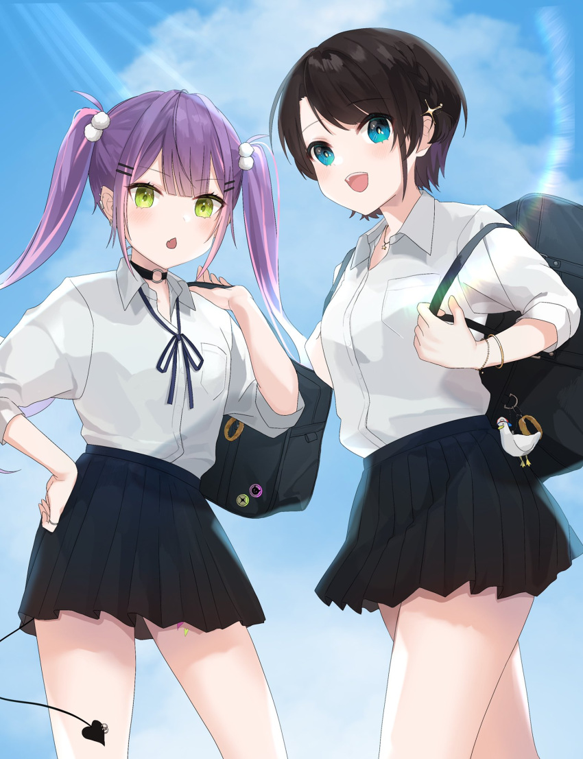 2girls alternate_costume bag black_skirt blue_eyes blue_sky brown_hair cowboy_shot demon_tail green_eyes hand_on_hip highres hololive jewelry long_sleeves looking_at_viewer miniskirt multiple_girls muno oozora_subaru pleated_skirt purple_hair school_bag school_uniform shirt skirt sky subaru_duck tail tokoyami_towa virtual_youtuber white_shirt