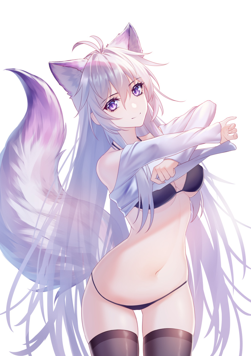 1girl absurdres animal_ears antenna_hair bangs bare_shoulders black_bra black_legwear black_panties bra breasts commentary_request cowboy_shot fox_ears fox_tail grey_shirt hair_between_eyes highres kirby_d_a lifted_by_self long_hair long_sleeves looking_at_viewer medium_breasts navel off-shoulder_shirt off_shoulder original panties shirt shirt_lift silver_hair simple_background smile solo standing stomach tail thigh-highs thighs underwear very_long_hair violet_eyes white_background