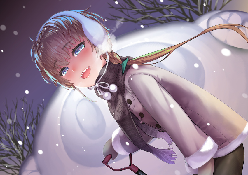 1girl bangs blue_eyes blush breasts earmuffs fate/grand_order fate_(series) highres jacket long_hair long_sleeves looking_at_viewer mittens ono_misao open_mouth orange_hair scarf sharp_teeth shovel side_ponytail small_breasts smile snowing teeth van_gogh_(fate)