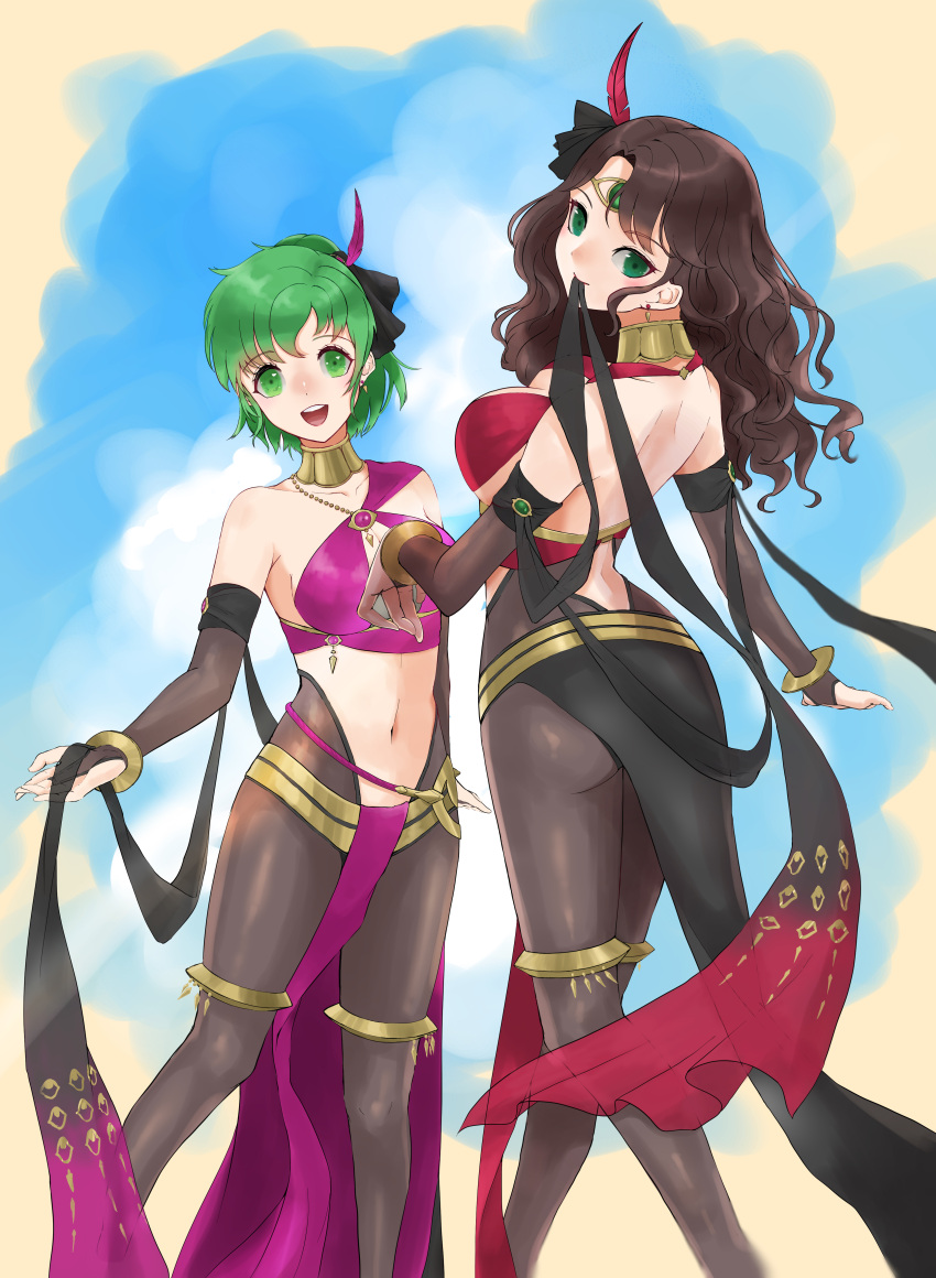 2girls :d absurdres bangs bare_shoulders black_legwear breasts brown_hair commentary_request dorothea_arnault eyebrows_visible_through_hair feet_out_of_frame fire_emblem fire_emblem:_genealogy_of_the_holy_war fire_emblem:_three_houses fire_emblem_heroes green_eyes green_hair highres large_breasts lene_(fire_emblem) long_hair looking_at_viewer mouth_hold multiple_girls navel official_alternate_costume olivine_20 open_mouth pantyhose pelvic_curtain short_hair smile standing stomach thighlet