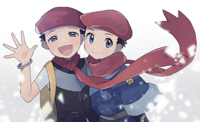 2boys :d backpack bag black_hair bracelet closed_mouth commentary_request floating_scarf grey_eyes hand_up hat highres jewelry light_blush looking_at_viewer lucas_(pokemon) male_focus male_protagonist_(pokemon_legends:_arceus) multiple_boys open_mouth oshi_taberu pokemon pokemon_(game) pokemon_dppt pokemon_legends:_arceus red_headwear red_scarf sash scarf short_hair short_sleeves smile sparkle spread_fingers tongue yellow_bag