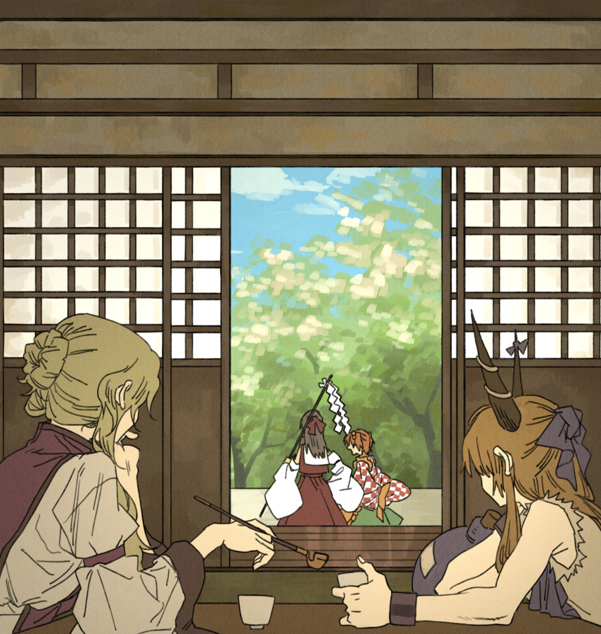 4girls alternate_hairstyle blonde_hair blue_bow bow brown_hair checkered checkered_kimono cup day detached_sleeves from_behind gohei gourd hair_bow hair_bun hakurei_reimu highres holding holding_cup holding_pipe horn_bow horns ibuki_suika japanese_clothes kimono kiseru long_hair long_sleeves looking_away motoori_kosuzu multiple_girls oni_horns open_door orange_hair ouka_musci pipe red_bow red_kimono red_shirt red_skirt shirt short_hair_with_long_locks shouji skirt sleeveless sleeveless_shirt sliding_doors tabard table touhou tree white_shirt wide_sleeves yakumo_yukari