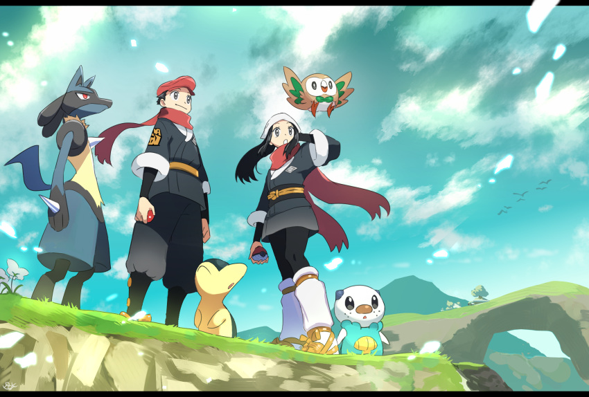 1boy 1girl bird blue_sky cyndaquil female_protagonist_(pokemon_legends:_arceus) flower gen_2_pokemon gen_4_pokemon gen_5_pokemon gen_7_pokemon hand_on_own_head hat head_scarf highres holding holding_poke_ball lucario male_protagonist_(pokemon_legends:_arceus) open_mouth oshawott pirohi_(pirohi214) poke_ball poke_ball_(legends) pokemon pokemon_(game) pokemon_legends:_arceus red_headwear red_scarf rowlet scarf sky standing