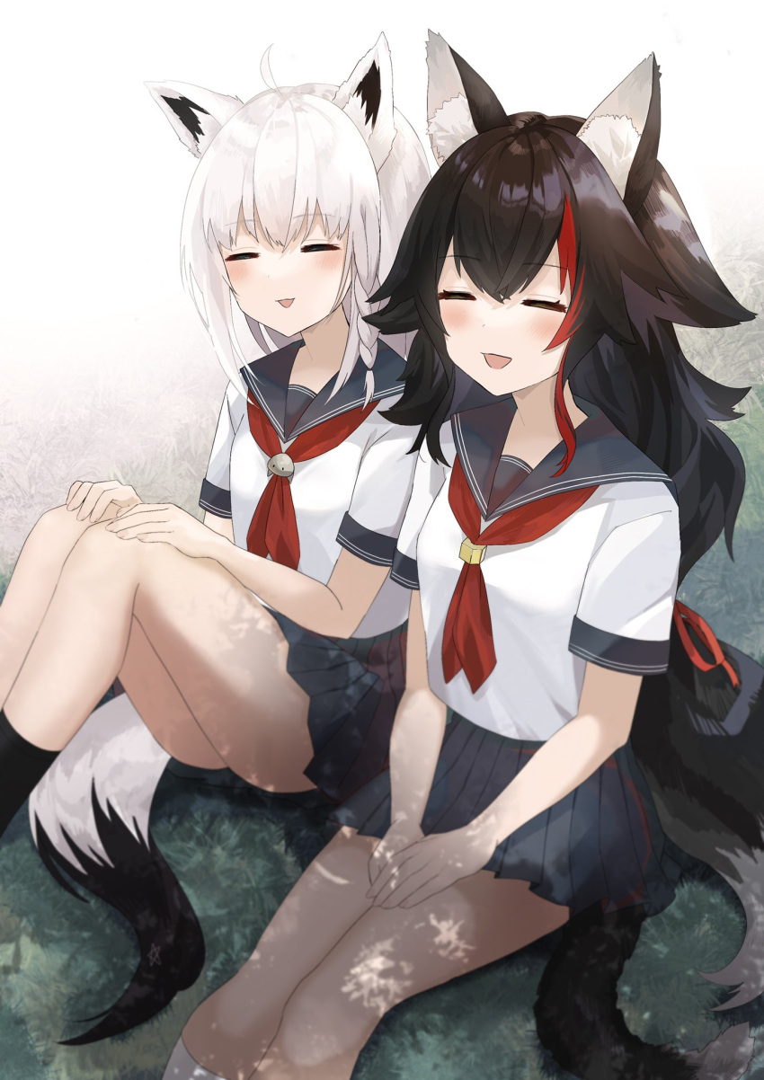 2girls animal_ear_fluff animal_ears aqua_eyes bangs blonde_hair blue_skirt blush closed_eyes fox_ears fox_girl fox_tail highres hololive long_hair miniskirt multiple_girls muno neckerchief ookami_mio open_mouth pleated_skirt red_neckwear school_uniform serafuku shirakami_fubuki shirt silver_hair sitting skirt smile tail virtual_youtuber white_hair white_shirt wolf_ears wolf_girl wolf_tail yellow_eyes |d