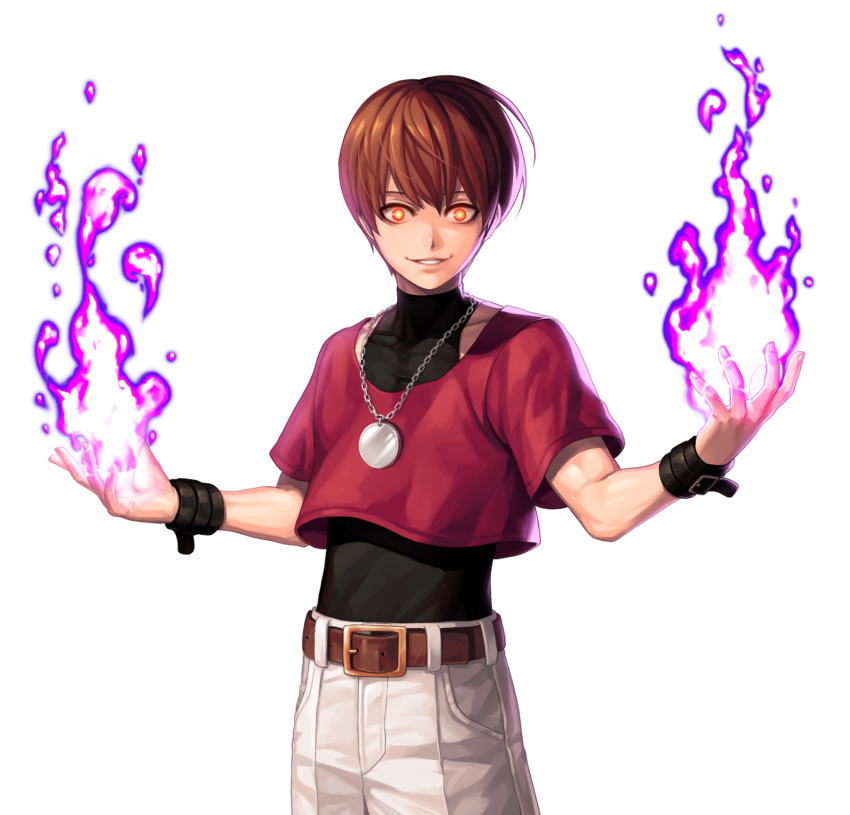 1boy bangs belt black_shirt brown_belt brown_hair chris_(kof) commentary_request covered_collarbone cowboy_shot crop_top evil_smile evilgun fingernails fire hands_up highres jewelry looking_at_viewer male_focus necklace orange_eyes orochi_chris pants parted_lips purple_fire pyrokinesis red_shirt shirt shirt_tucked_in short_hair simple_background sleeveless sleeveless_shirt smile solo standing the_king_of_fighters the_king_of_fighters_'97 turtleneck white_background white_pants wristband