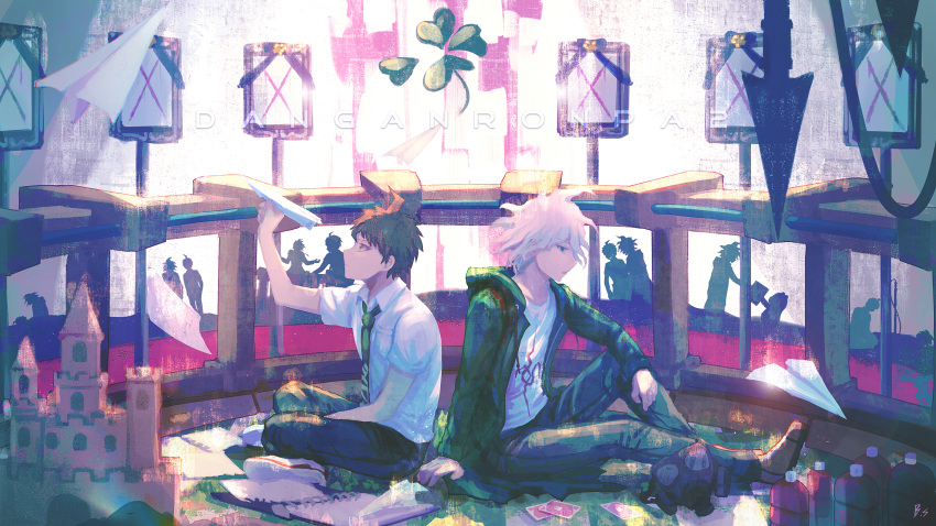 2boys absurdres ahoge bangs black_hair bottle brown_hair card clover coat collared_shirt computer copyright_name dangan_ronpa_(series) dangan_ronpa_2:_goodbye_despair four-leaf_clover from_side green_coat green_neckwear highres hinata_hajime holding huge_filesize iei impaled indian_style knee_up komaeda_nagito male_focus multiple_boys necktie open_clothes pants paper paper_airplane playing_card print_shirt shirt shoes short_hair short_sleeves sitting sneakers spoilers white_hair white_shirt zhuo_ying