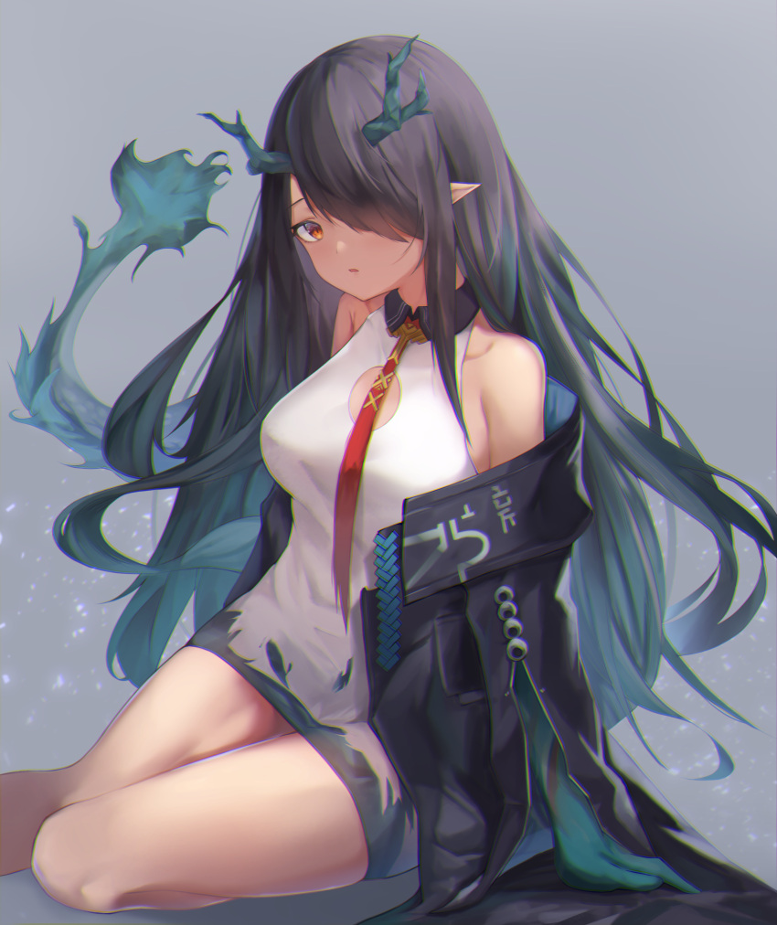 1girl absurdres aoinu_(aoinu_99) arknights bare_shoulders black_hair black_jacket blue_hair blush breasts collarbone dragon_girl dragon_horns dragon_tail dress dusk_(arknights) gradient_hair grey_background hair_over_one_eye highres horns jacket long_hair long_sleeves medium_breasts multicolored_hair necktie open_clothes open_jacket parted_lips pointy_ears red_eyes red_neckwear simple_background sitting solo tail thighs very_long_hair white_dress