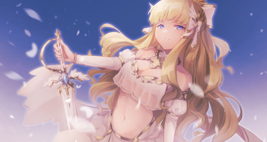 1girl bangs blonde_hair blue_eyes blush bow breasts elf hair_bow hair_ornament highres large_breasts long_hair looking_at_viewer navel navi_(ivan) open_mouth pointy_ears princess_connect! princess_connect!_re:dive saren_(princess_connect!) solo